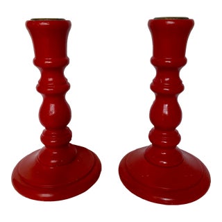 Vintage Swedish Folk Art Red Lacquered Candlesticks- a Pair For Sale