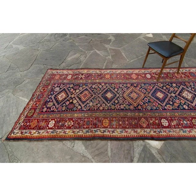 19th Century 1890s Antique Wide Geometric Botanical Red & Navy Hand Knotted Wool Pile Runner Rug - 4’7” x 10’9” For Sale - Image 5 of 11