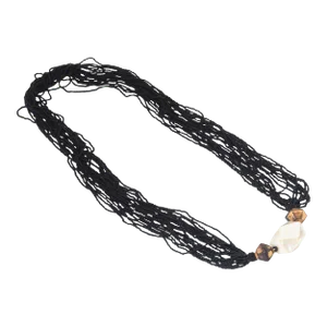 Long Multi-Strand Black Bead Mother of Pearl Necklace