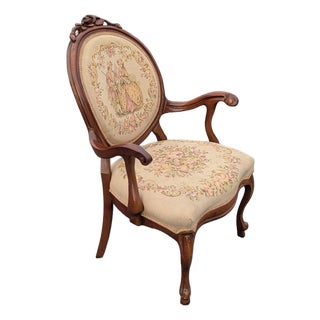 Early 20th Century Louis XVI Style Walnut Needlepoint Arm Chair or Bergere Chair For Sale