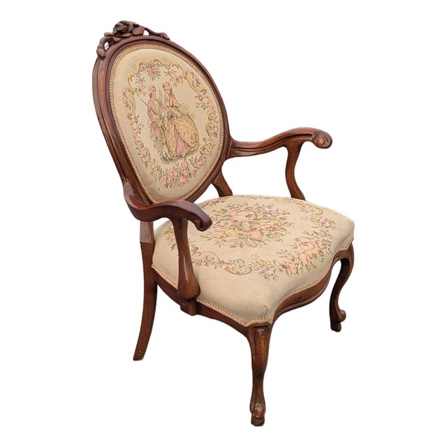 Early 20th Century Louis XVI Style Walnut Needlepoint Arm Chair or Bergere Chair For Sale