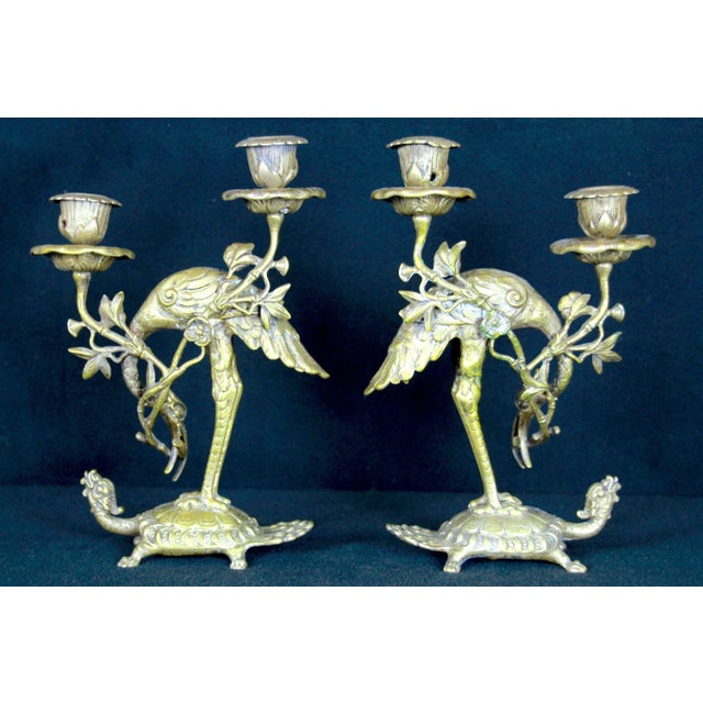 Japanese Gilt Bronze Crane on Dragon Turtle Candlesticks, 19th Century - a Pair For Sale - Image 6 of 7