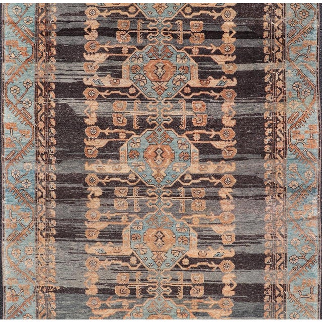 Antique Konya Oushak Rug With Geometric Medallions in Blue, Rust, and Ivory For Sale - Image 4 of 13