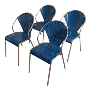 1980s Chrome and Blue Lacquered Perfored Metal Chairs - Set of 4