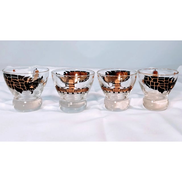 Vintage Capital and United States Map lowball whiskey glasses. Gorgeous detail in gold and black. One side depicts the...