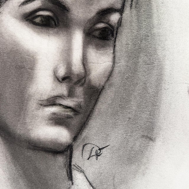Mid-Century Modern Mid Century Black and White Charcoal Portrait Drawing of a Woman With Short Hair - Signed For Sale - Image 3 of 10