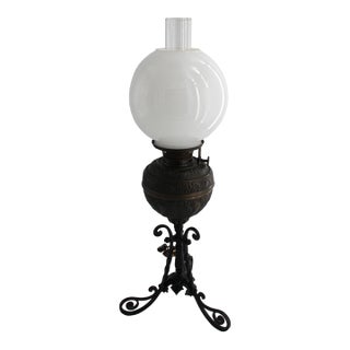 Antique Victorian Bradley & Hubbard (B&h) Brass Banquet Lamp W/ Milk Glass Globe For Sale