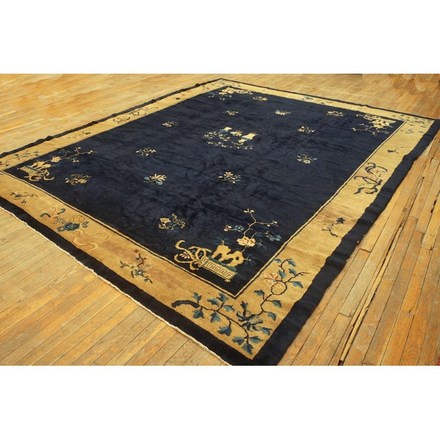 Textile Antique Chinese Wool Blue Rug Art Deco Design Room Size 1920s 9' 1" X 11' 5" For Sale - Image 7 of 10