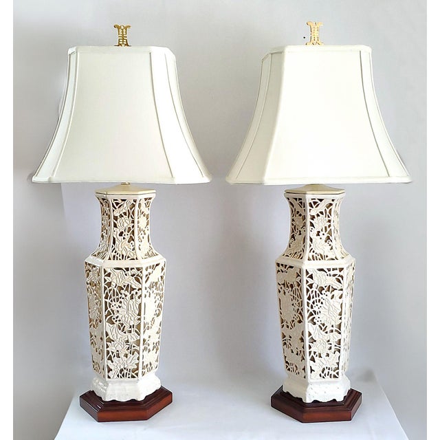 Wood Lamps - Huge Reticulated Blanc De Chine Pair - Restored For Sale - Image 7 of 16