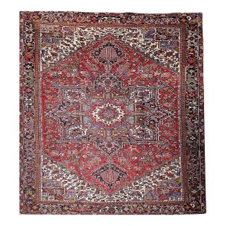 Vintage Persian Heriz Rug, Hand-Knotted Wool, Geometric Medallion Pattern, Red & Navy, 10x13 For Sale