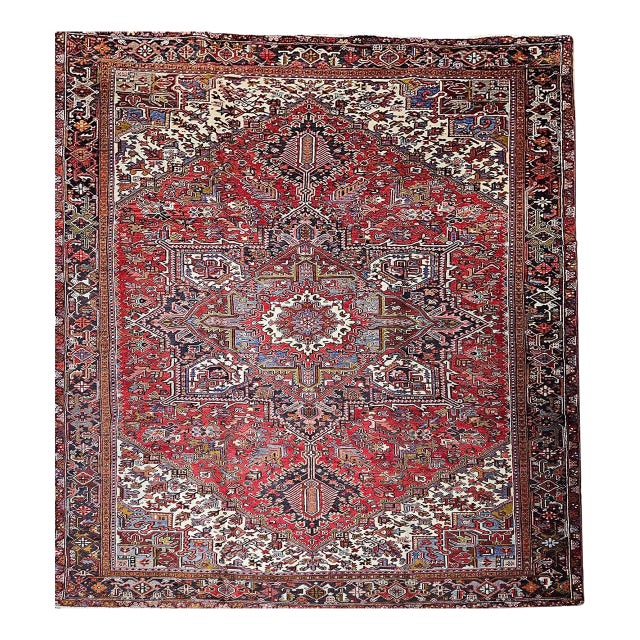 Vintage Persian Heriz Rug, Hand-Knotted Wool, Geometric Medallion Pattern, Red & Navy, 10x13 For Sale