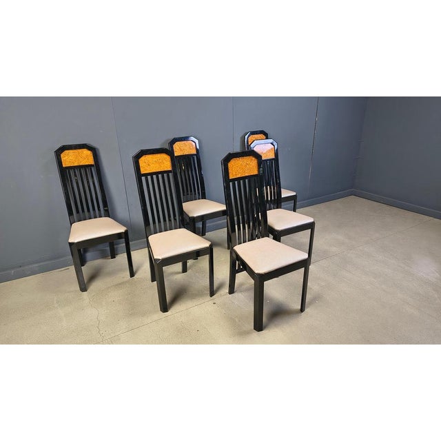 Black Vintage Burl Wood and Lacquer Dining Chairs, 1980s, Set of 6 For Sale - Image 8 of 14