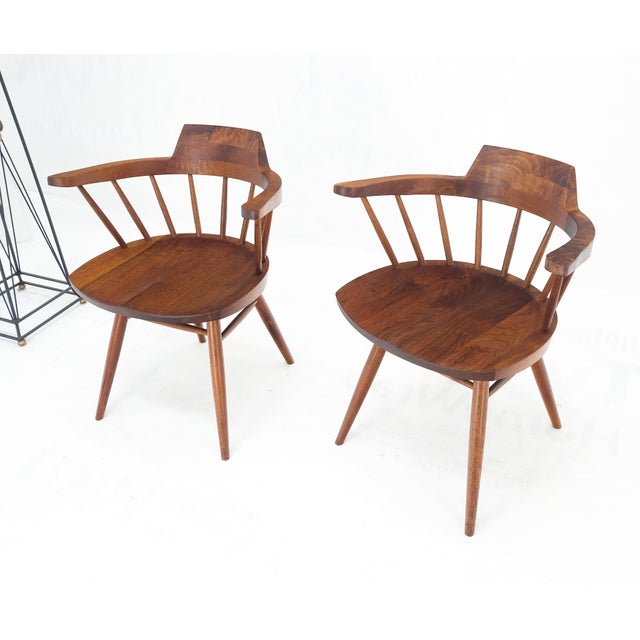 Mid-Century Modern Pair of George Nakashima Captain's Dining Chairs in Walnut For Sale - Image 3 of 16