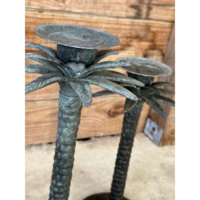 Pair Vintage Coastal Rustic Metal Palm Tree Staggering Candlestick Holders For Sale - Image 4 of 11