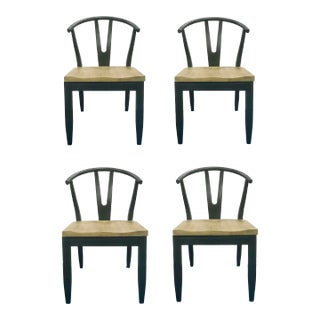 Asian Modern Gray and Tan Wood Dining Chairs Set of 4 For Sale