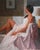This oil painting captures a figure draped in white, seated in a serene interior space. The soft, natural light...