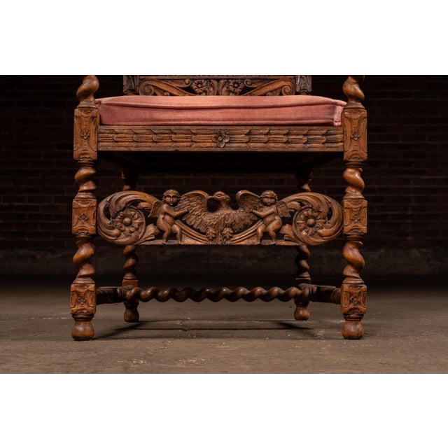 Wood 19th Century Ornate Carved Throne With Intricate Cane Backrest For Sale - Image 7 of 17