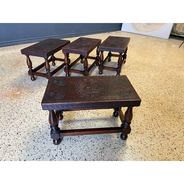 Antique Tooled Leather Top Stools / Tables For Sale In Dallas - Image 6 of 17