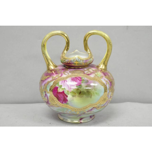 Antique Austrian Hand Painted Moriage Porcelain Double Swung Handle Bulbous Vase For Sale - Image 10 of 16