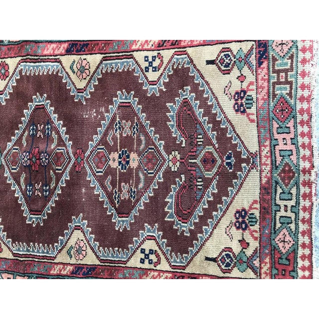 Beautiful Turkish rug with nice geometrical design and beautiful colors with purple, yellow, green, pink and blue, early...