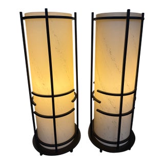 Hubbardton Forge Lighting Mission Glass Wrought Iron Table Lamps, Pair For Sale