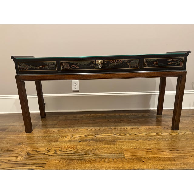Drexel Heritage 1960s Drexel Heritage Chinoiserie Black Lacquer Console Table | Hand-Painted | Glass Top For Sale - Image 4 of 7