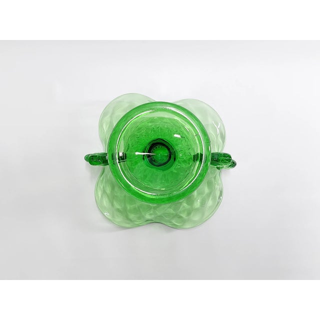 Vintage Fenton Dolphin Green Uranium Glass Two Handled Crimped Bowl For Sale - Image 9 of 11