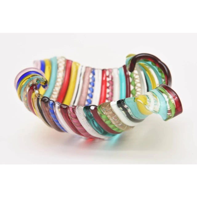 Turquoise Vintage Murano Galliano Ferro Fused Cane Latticino Multicolored Glass Bowl For Sale - Image 8 of 10