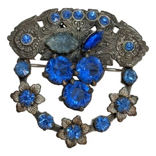 Vintage 1930s Czech Sapphire Blue Rhinestone Vinaigrette Scent Brooch For Sale
