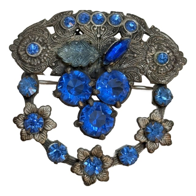 Vintage 1930s Czech Sapphire Blue Rhinestone Vinaigrette Scent Brooch For Sale