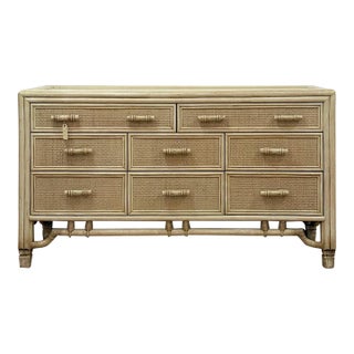 Mid 20th Century Coastal Ficks Reed Style Faux Bamboo Woven Nine Drawer Dresser, Wicker For Sale