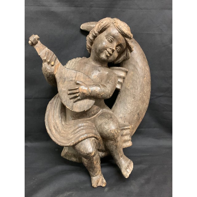 1920s Vintage Carved Wood Angel Playing Instrument Paper Mache Mold Takaan For Sale In New York - Image 6 of 9