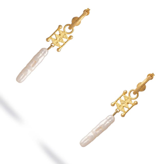 Metal Isis Pearl Talisman Dangle Earrings, A Pair For Sale - Image 7 of 11