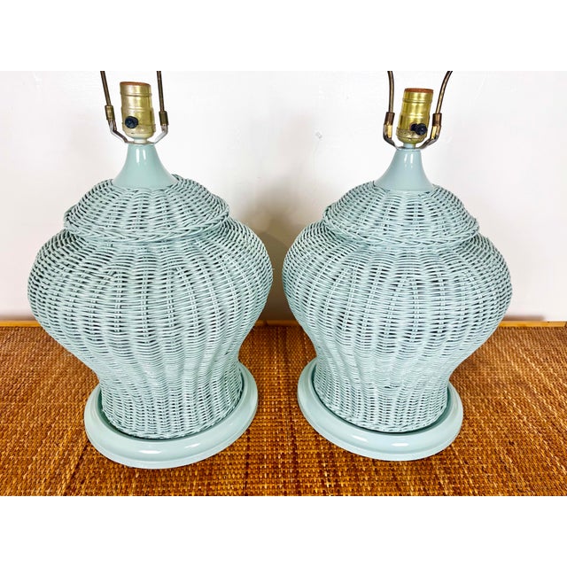 Newly Lacquered Vintage Wicker Lamps- A Pair For Sale In Tampa - Image 6 of 8