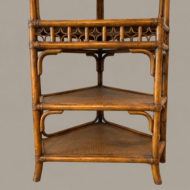 Wood Vintage Rattan and Wicker Five Tier Pagoda Etagere With Fretwork For Sale - Image 7 of 9