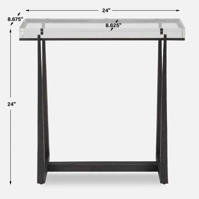 This masterful accent table adds sophistication to any room. The textured dark steel finished iron frame elegantly...