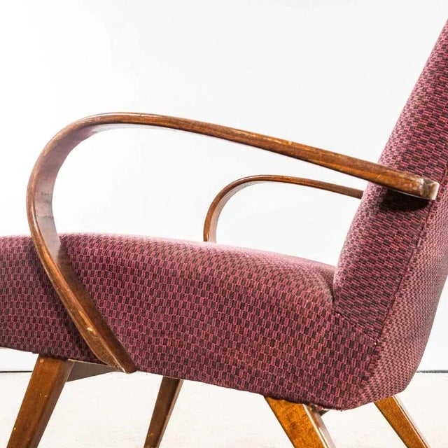 : 1950’s Jaroslav Šmídek Original Armchairs In A Geometric Aubergine Jacquard – Sprung Seat. Sourced direct in the Czech...