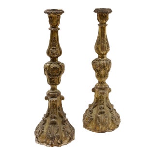Pair of Italian Baroque Carved Giltwood Candlesticks – 28" Tall For Sale