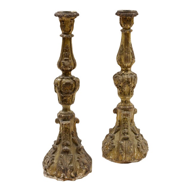Pair of Italian Baroque Carved Giltwood Candlesticks – 28" Tall For Sale