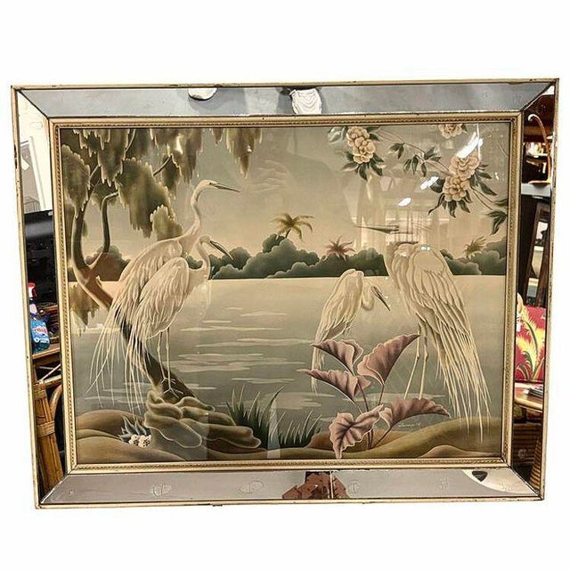 1940 Tropical Crane /Egret Scenic Print, Mirror Framed by Billy Seay for Turner For Sale In Los Angeles - Image 6 of 9