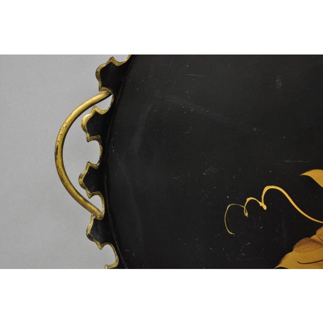 Mid 20th Century Vintage French Country Black and Gold Hand Painted Oval Toleware Serving Tray For Sale - Image 5 of 15