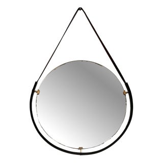 Italian Floating Wall Mirror with Leather Strap and Brass Details, 1960s For Sale