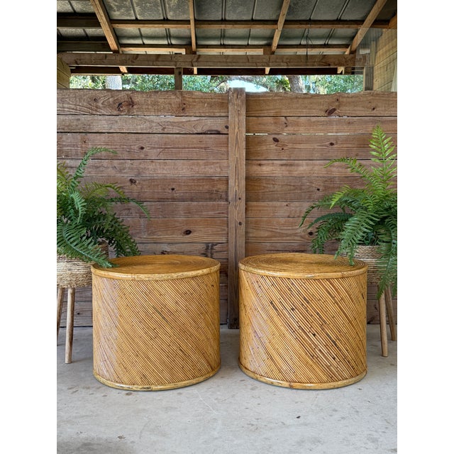 Mid-20th Century Organic Modern Refinished Pencil Rattan Drum Side Tables by Maitland-Smith-Pair For Sale - Image 12 of 12