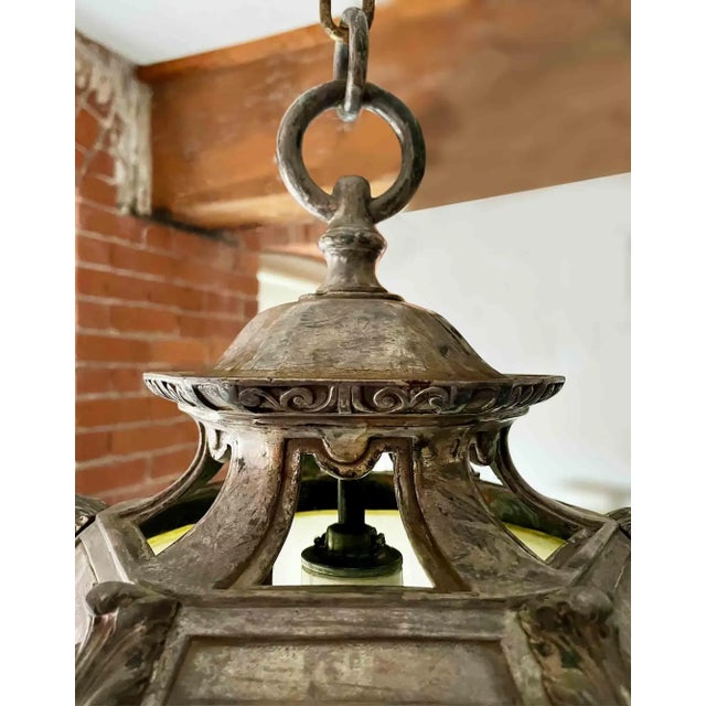 Antique Bronze Ceiling Light With Art Glass For Sale - Image 4 of 7