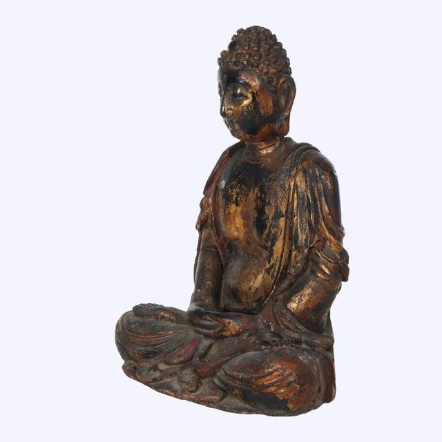 Oversized Antique Ebonized, Gilt & Vermillion Carved Wood Seated Buddha 19thC For Sale - Image 4 of 6