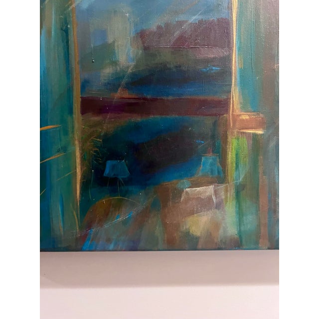 Abstract Colorful Interiors Acrylic Painting in Teal Green Yellow, Stretched Canvas, Signed Kimberly O. For Sale - Image 9 of 10