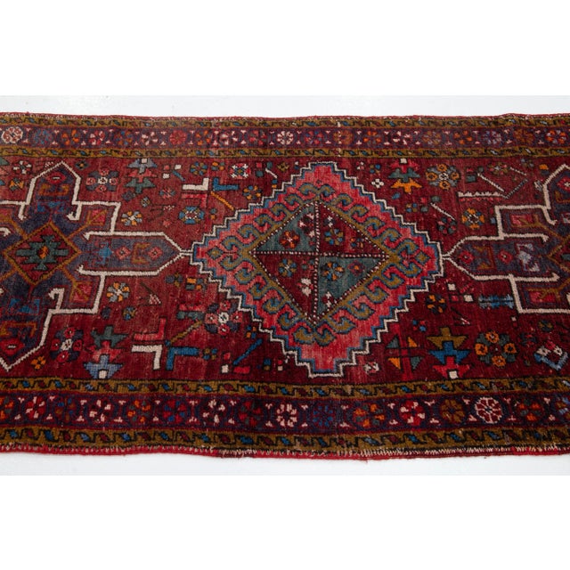 1960s Red Vintage Persian Heriz Wool Runner With Multicolor Tribal Design For Sale - Image 5 of 8