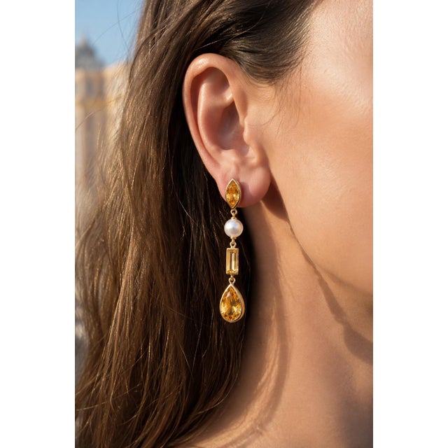 Citrine & Pearl Drop Earrings Studs, Silver, Gold, Pair For Sale - Image 6 of 7