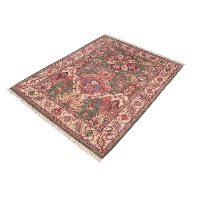 Shabby Chic Shabby Chic Vintage‑Inspired Medallion Green/Ivory Hand Knotted Wool Rug - 7'11'' X 9'11'' For Sale - Image 3 of 9