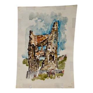 Henry Emil Salloch Original Watercolor on Paper Castle Ruins With Cow, 1966. For Sale